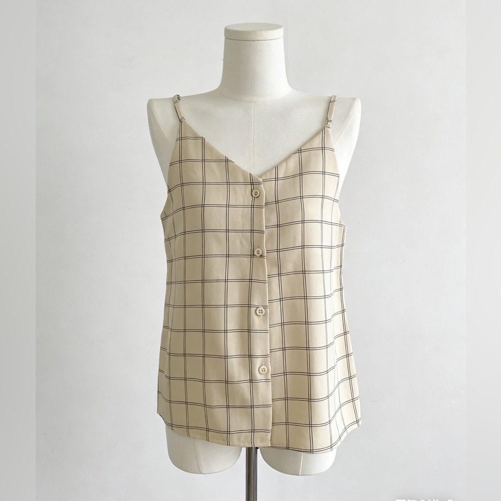 Flowy Beige Checks Sleeveless Cami Blouse Women's Camisole Top Adjustable Straps